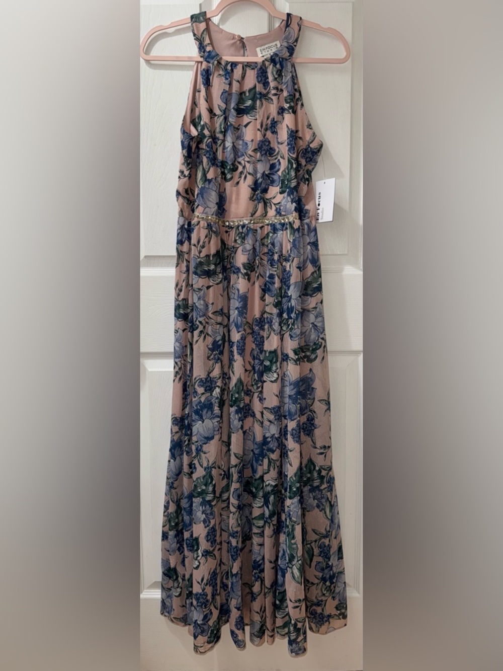 Enfocus Studio Blush Floral Maxi Skirt Dress with Blue Green Print